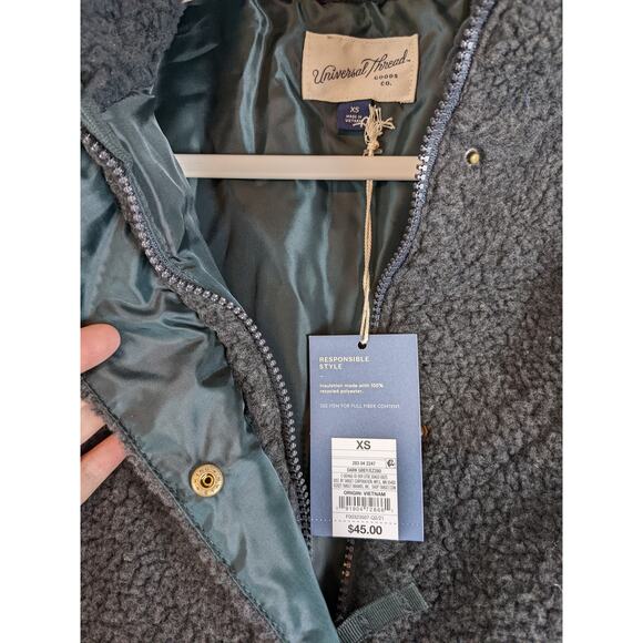 Universal Thread Quilted Sherpa Coat Jacket Hematite Gray XS Lined Zip Snap Warm - Picture 5 of 10